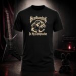 HEADBANGING IS MY CHIROPRACTOR neck brace headbanger t-shirt shown on a ghost mannequin, black, front view