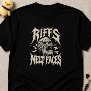 Black t-shirt printed RIFFS MELT FACES in spiky white metal lettering around a melting screaming skull with lightning bolts