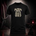 FACE-MELTING RIFFS flaming speaker cabinet t-shirt shown on a ghost mannequin, black, front view