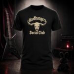 HEADBANGERS SOCIAL CLUB bull skull t-shirt shown on a ghost mannequin, black, front view
