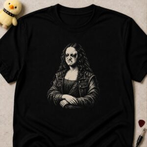 Black t-shirt printed with an engraved Mona Lisa parody wearing black metal corpse paint and a studded leather jacket, scowling